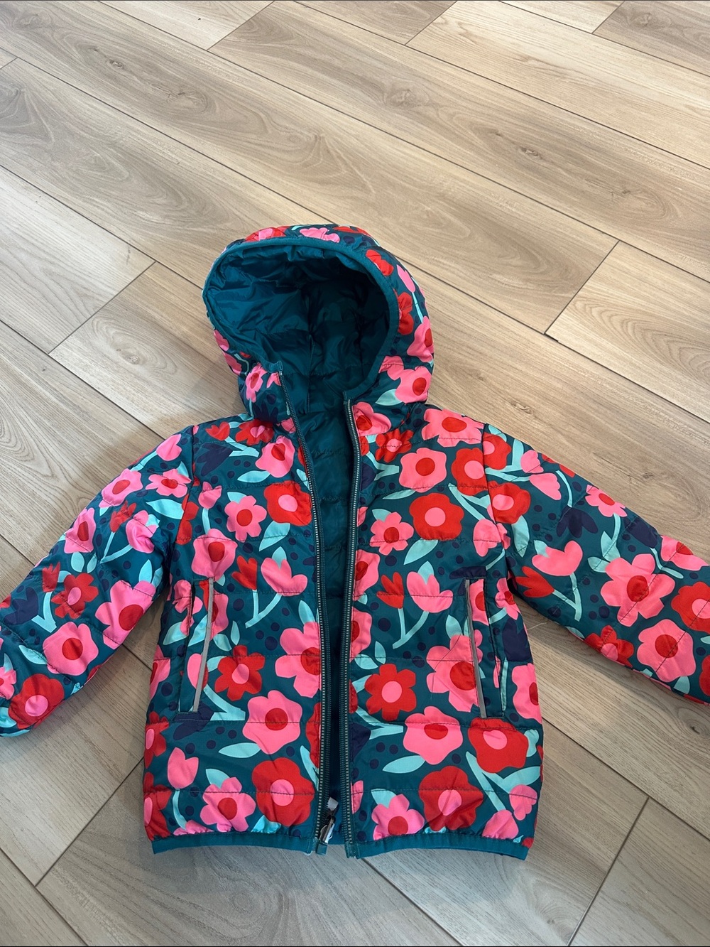 Hanna Andersson Floral Hooded Puffer Jacket - Teal, Pink & Red